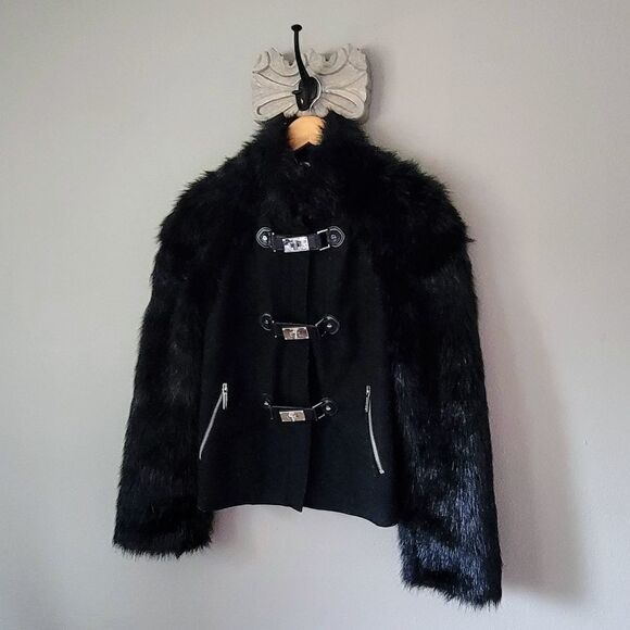 Michael Kors Yeti Faux Rabbit Fur Sleeve & Wool Moto Turnlock Jacket in Black - Picture 5 of 16